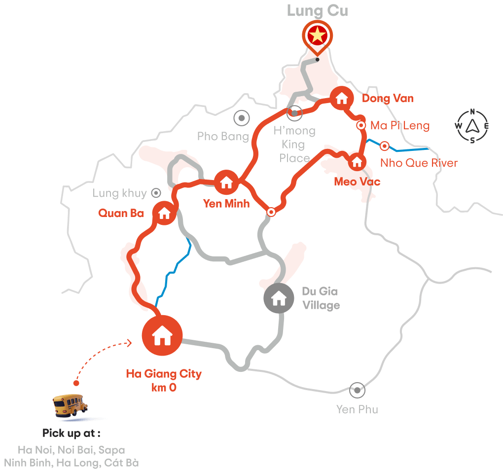 Route map of the Ha Giang Loop 2 days 1 night tour through Dong Van