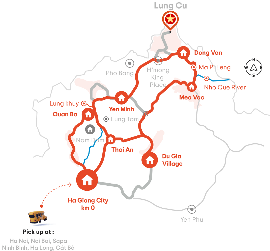 Route map of the Ha Giang Loop 3 days 2 nights tour via Du Gia