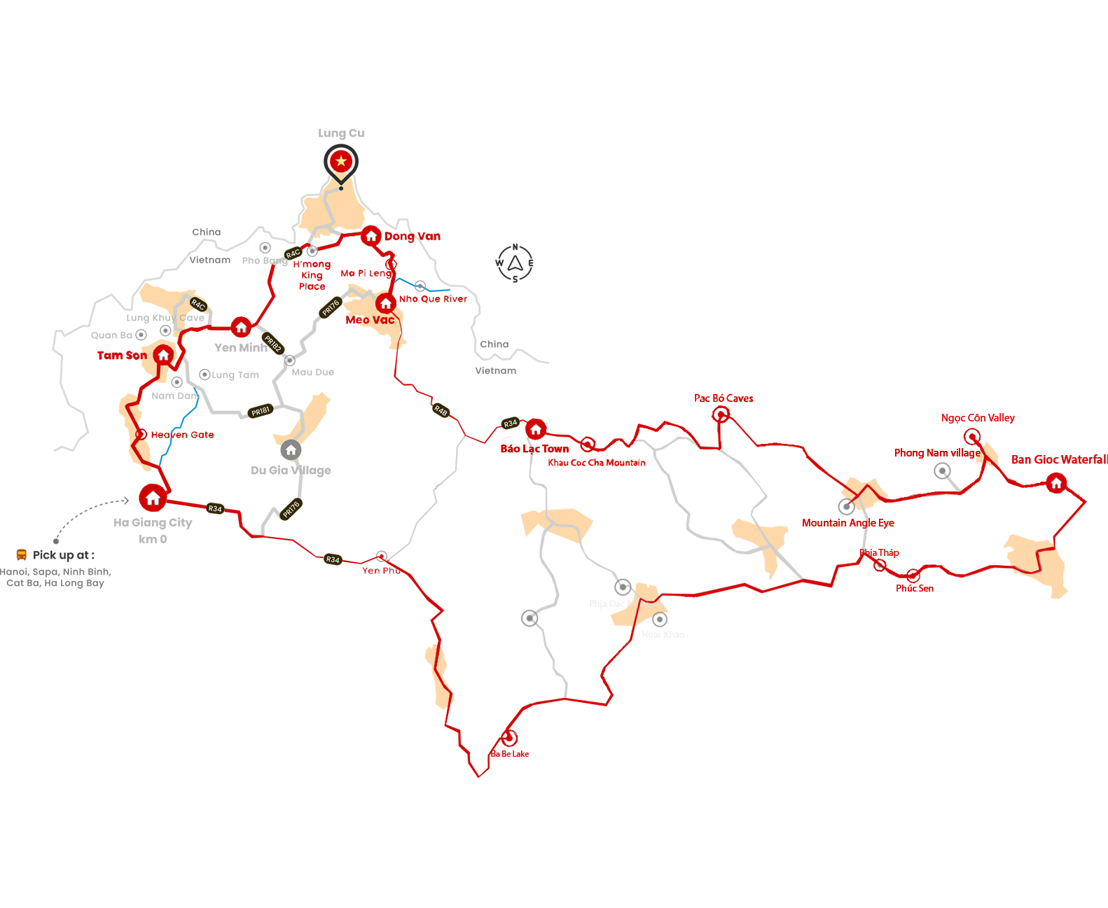 Route map of the Ha Giang Cao Bang 5 days 4 nights tour ending at Ban Gioc Waterfall